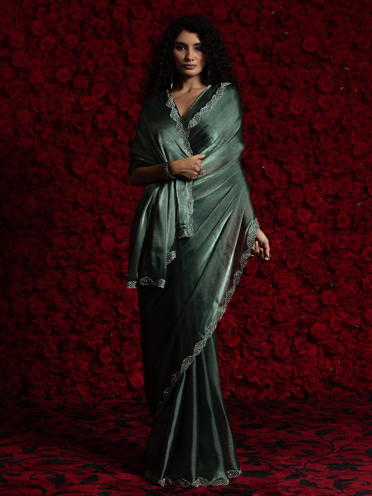 Dark Wine Green Party Wear Tissue Embellished Saree