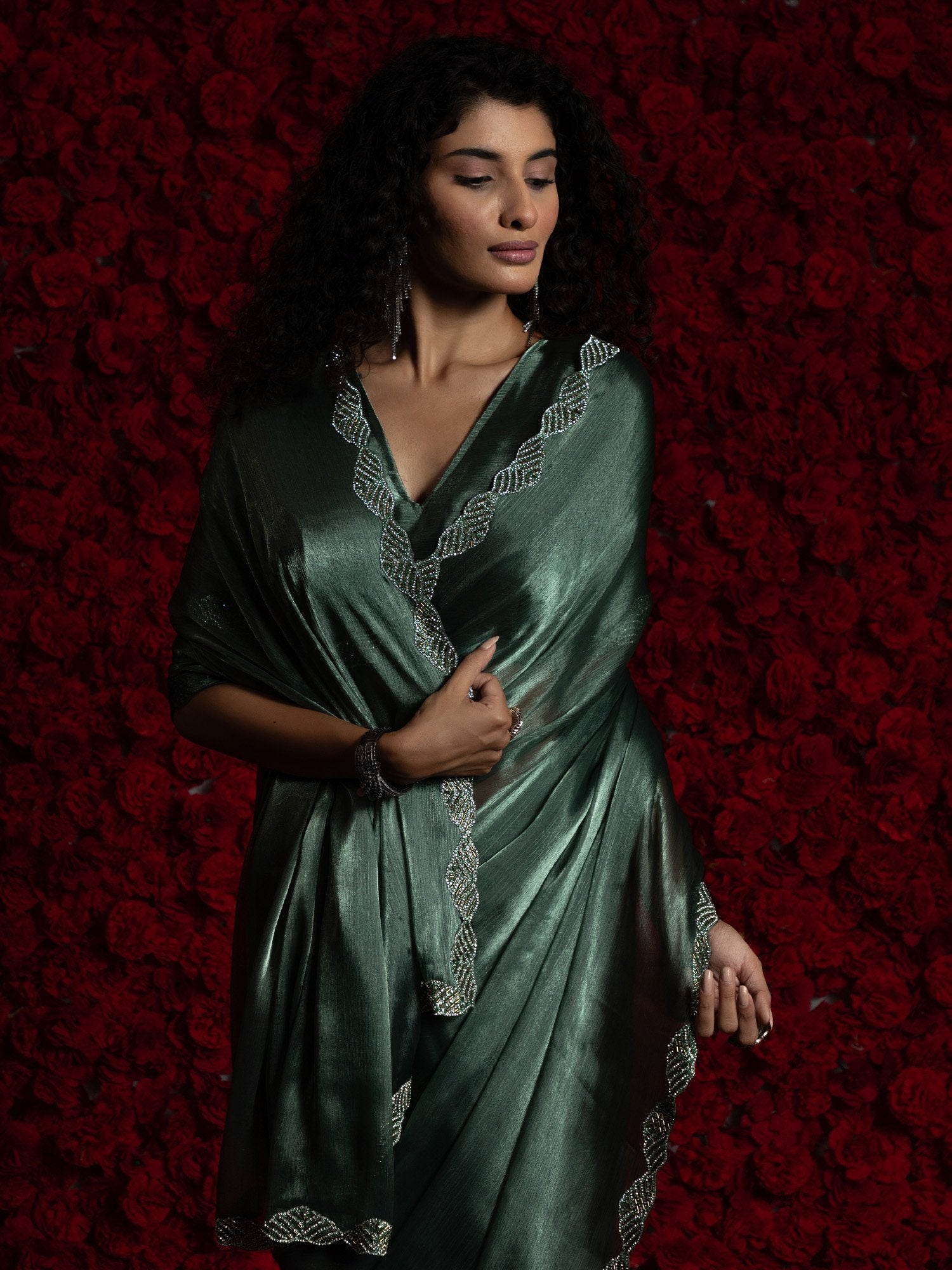 Dark Wine Green Party Wear Tissue Embellished Saree