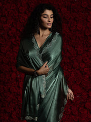 Dark Wine Green Party Wear Tissue Embellished Saree