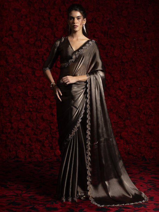 Grey Metallic Party Wear Tissue Embellished Saree