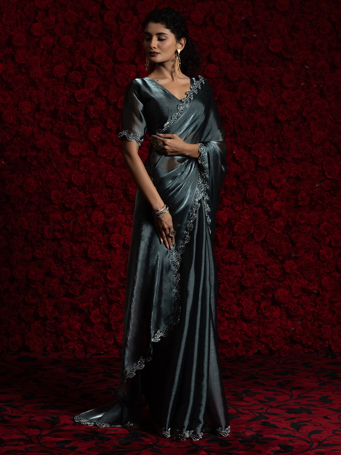 Grey Party Wear Tissue Embellished Saree