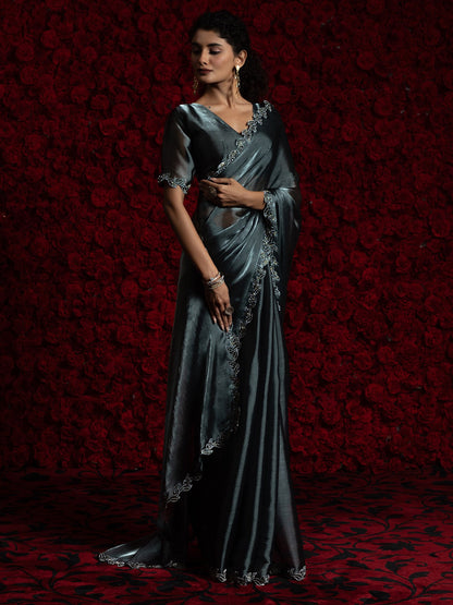 Grey Party Wear Tissue Embellished Saree