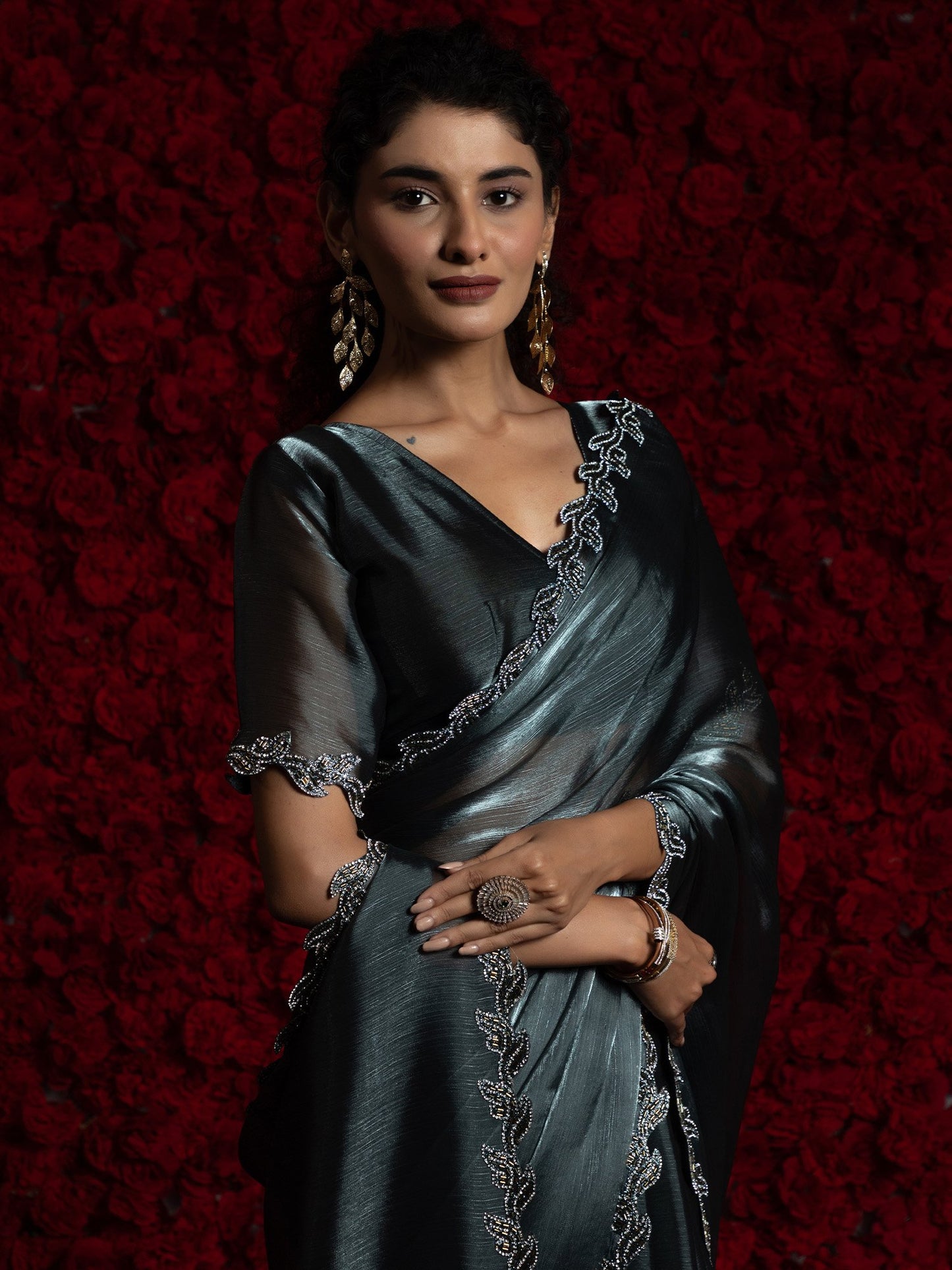 Grey Party Wear Tissue Embellished Saree