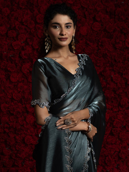 Grey Party Wear Tissue Embellished Saree