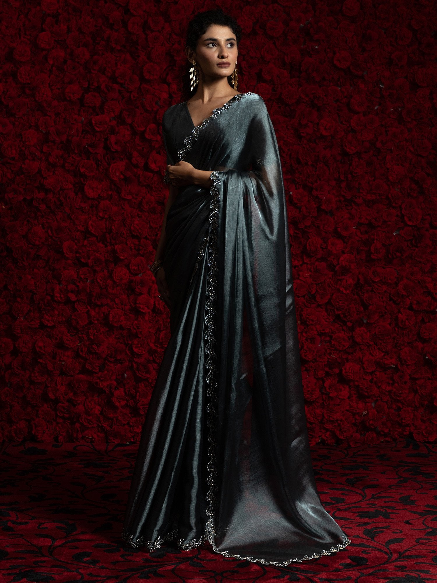 Grey Grey Party Wear Tissue Embellished Saree