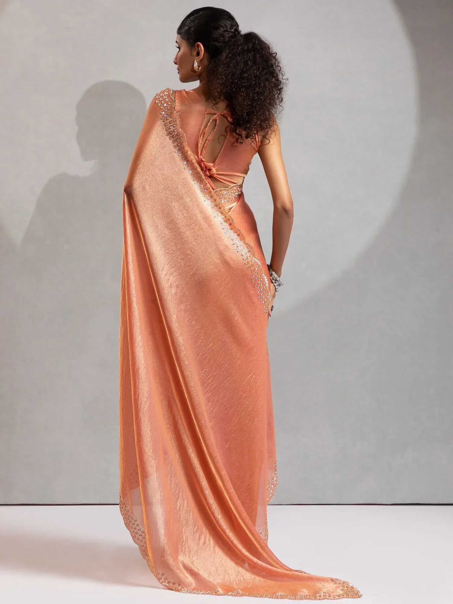 Peach Party Wear Satin Silk Embellished Saree - The Dori Store