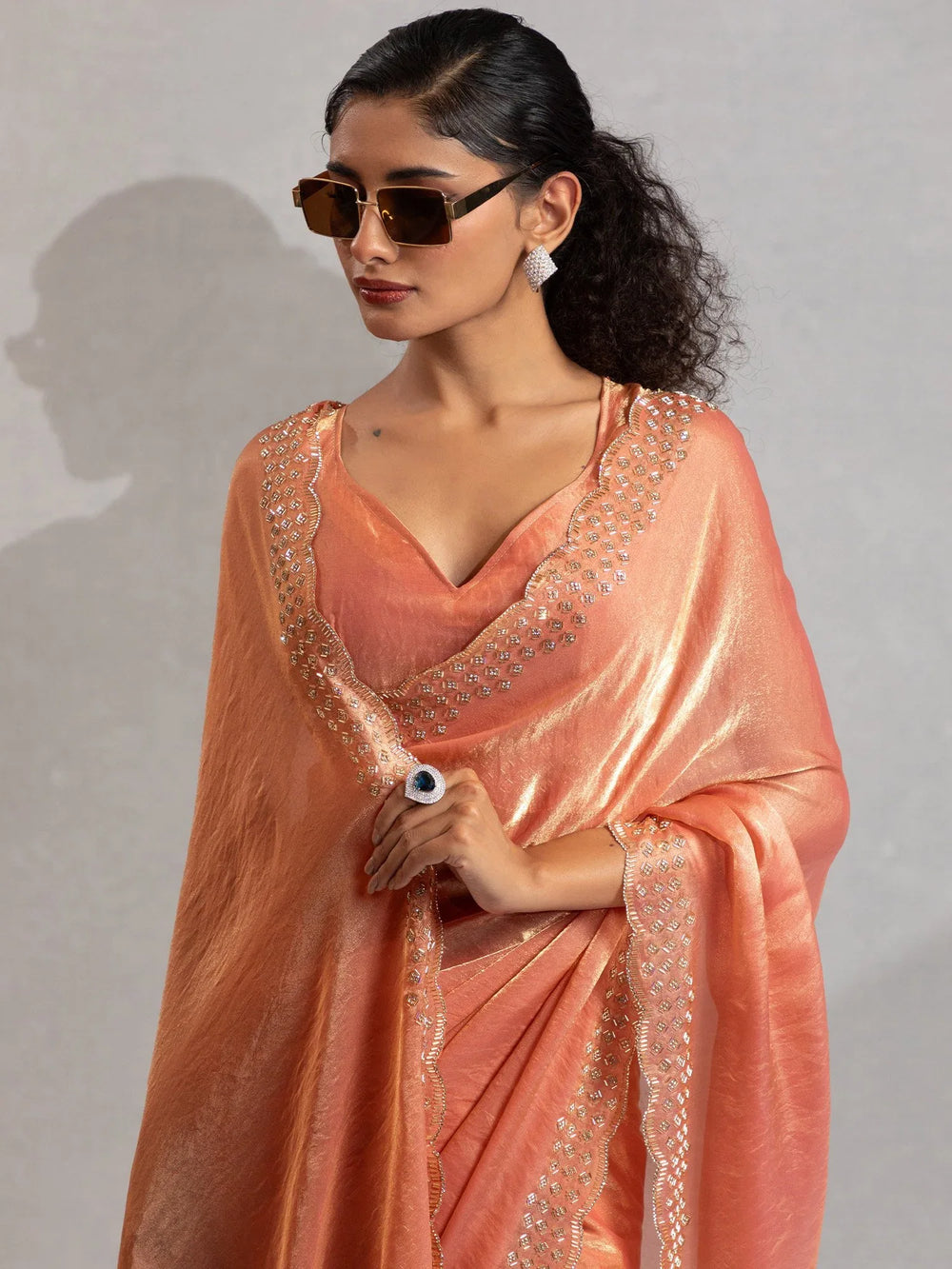 Peach Party Wear Satin Silk Embellished Saree - The Dori Store