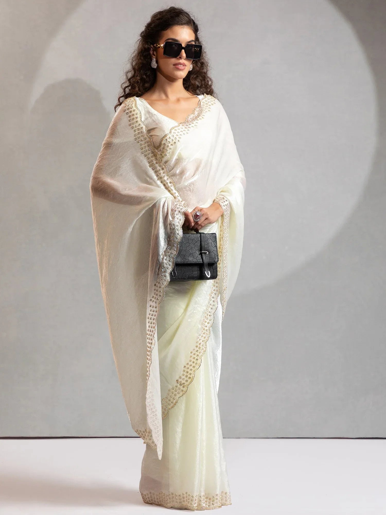 Off White Party Wear Satin Silk Embellished Saree
