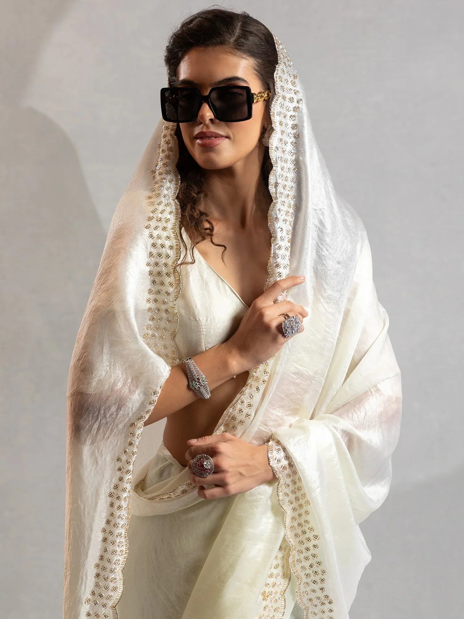 Off White Party Wear Satin Silk Embellished Saree