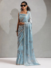 Light Party Wear Satin Silk Embellished Saree - The Dori Store