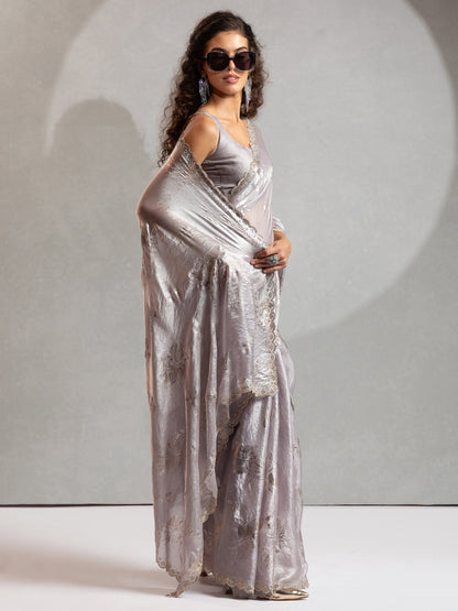 Grey Party Wear Satin Silk Embellished Saree