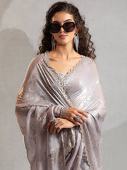 Grey Party Wear Satin Silk Embellished Saree