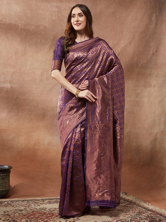 Purple Purple Kanjeevaram Litchi Silk Woven Saree