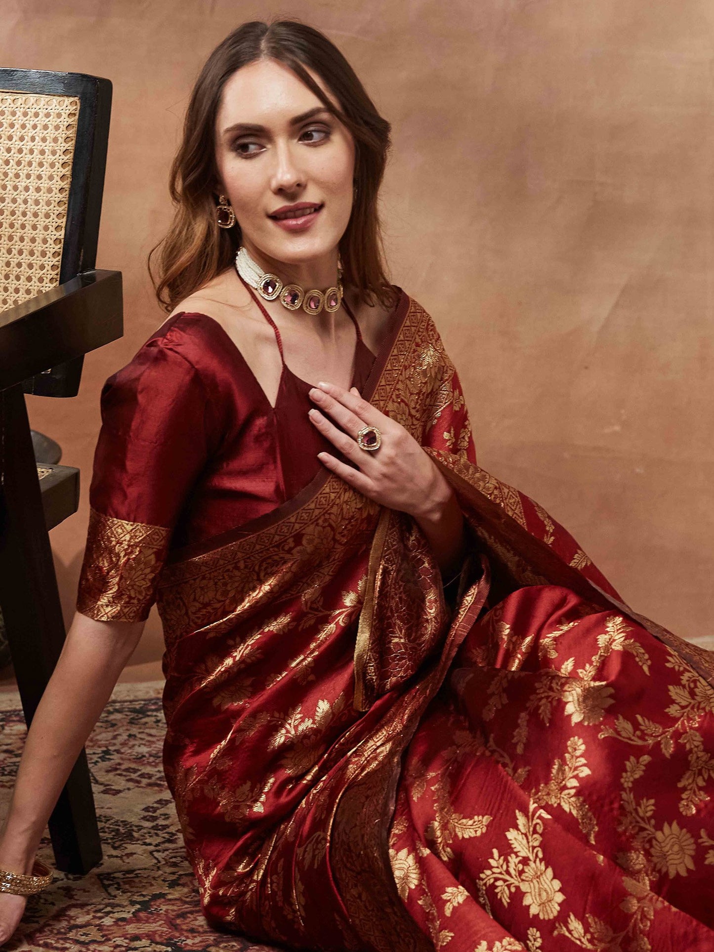 Maroon Kanjeevaram Litchi Silk Woven Saree