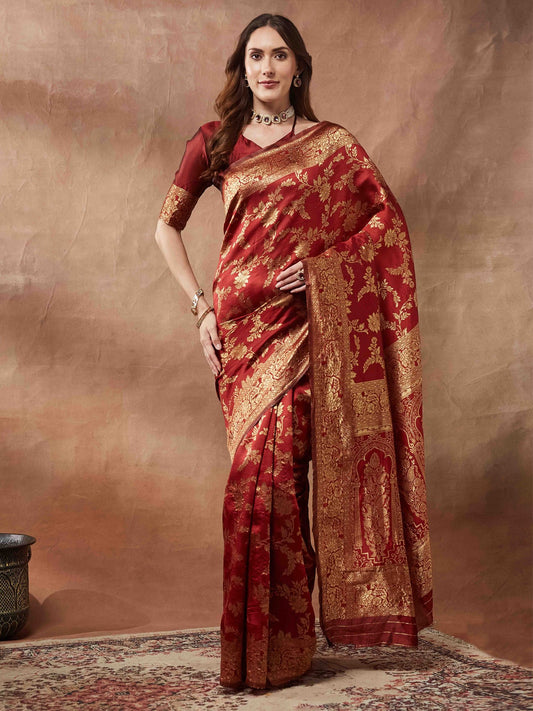 Maroon Maroon Kanjeevaram Litchi Silk Woven Saree