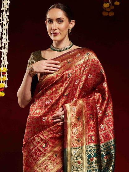Red Kanjeevaram Litchi Silk Woven Saree