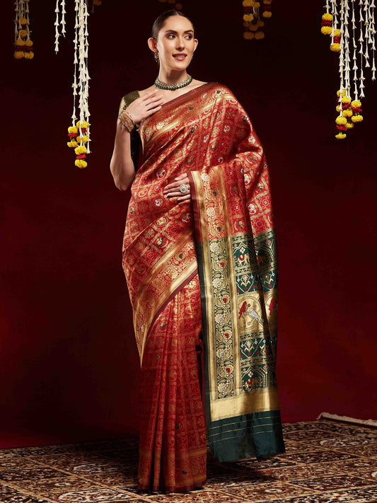 Red Red Kanjeevaram Litchi Silk Woven Saree