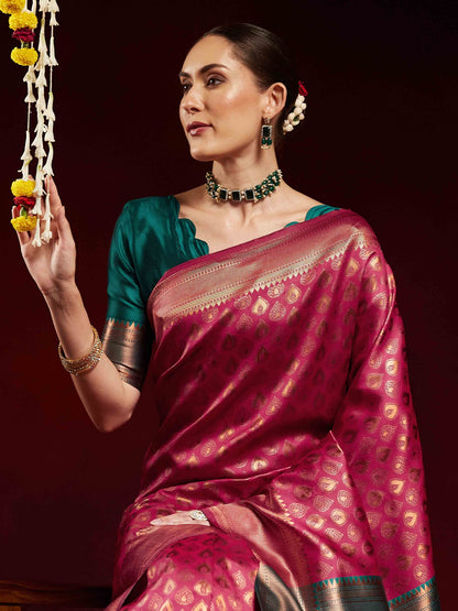 Pink Kanjeevaram Litchi Silk Woven Saree