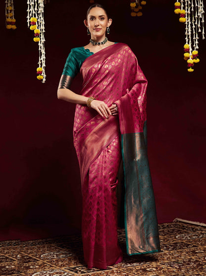 Pink Pink Kanjeevaram Litchi Silk Woven Saree