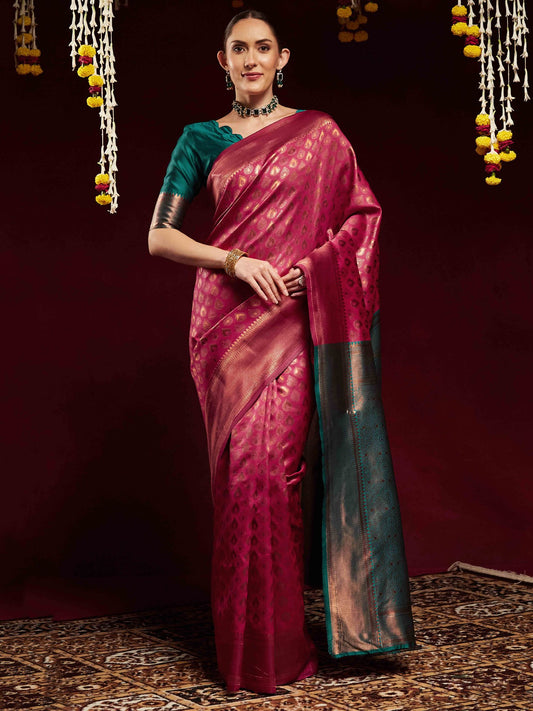 Pink Pink Kanjeevaram Litchi Silk Woven Saree