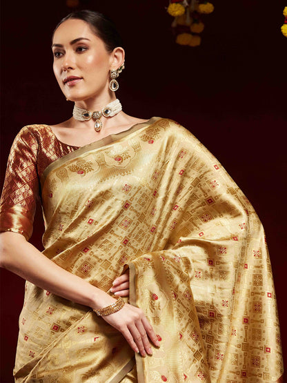 Gold Kanjeevaram Litchi Silk Woven Saree