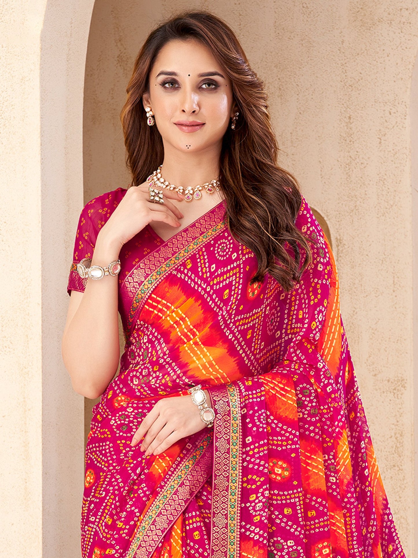 Pink Bandhani Chiffon Embellished Saree