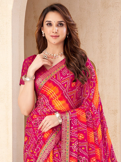 Pink Bandhani Chiffon Embellished Saree