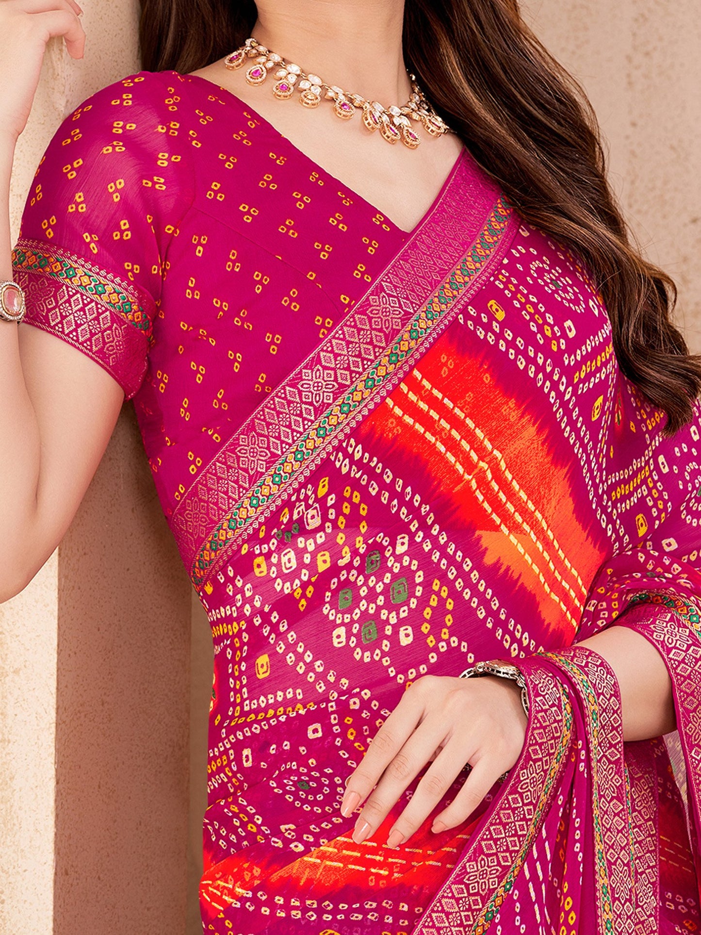 Pink Bandhani Chiffon Embellished Saree