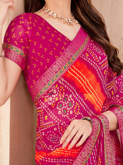 Pink Bandhani Chiffon Embellished Saree