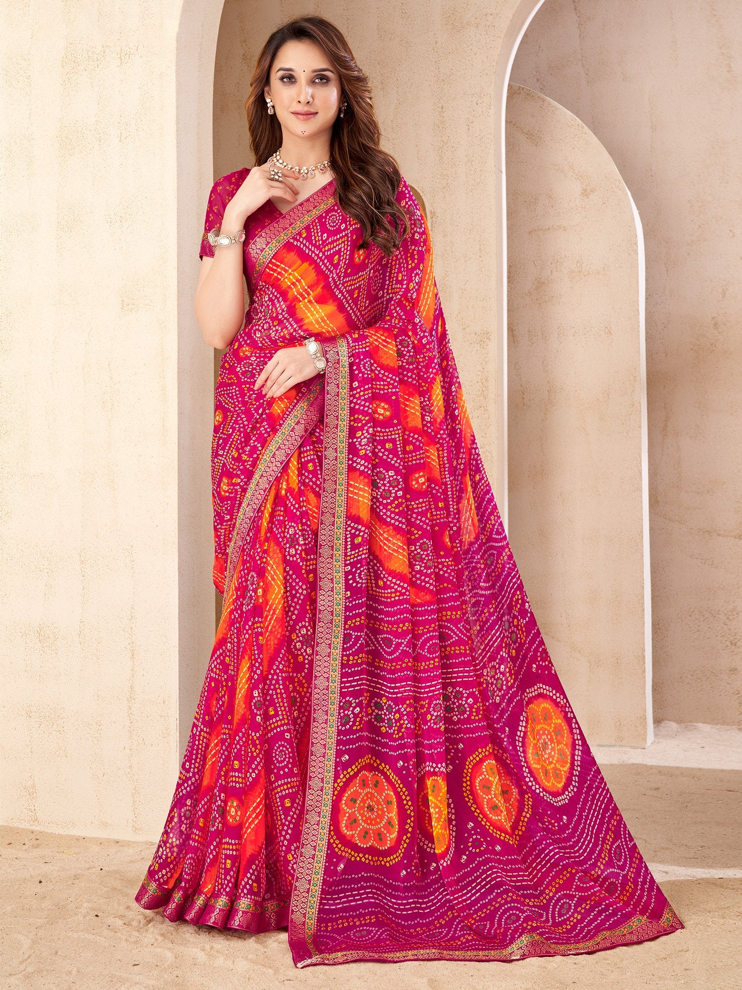 Pink Pink Bandhani Chiffon Embellished Saree