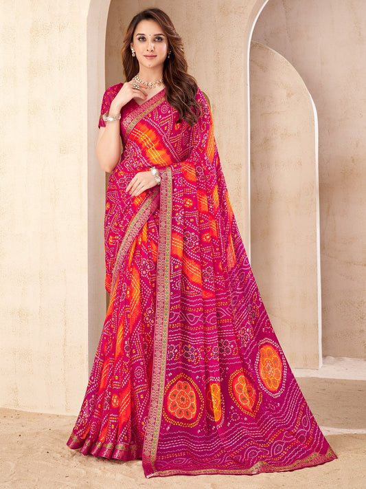 Pink Pink Bandhani Chiffon Embellished Saree