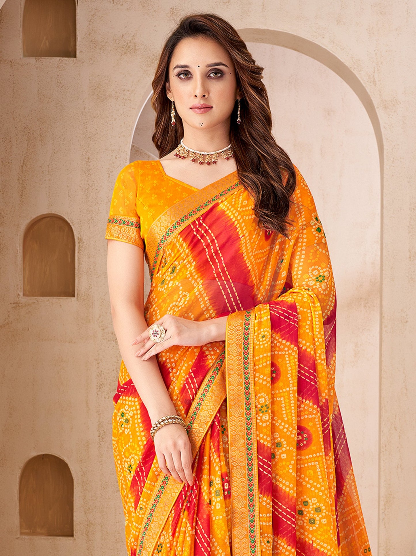 Yellow Bandhani Chiffon Embellished Saree