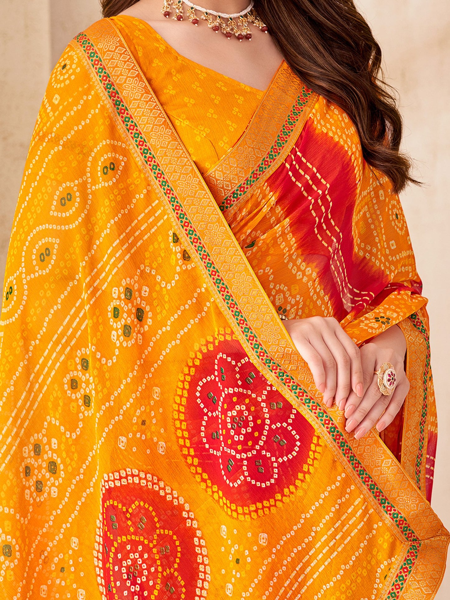 Yellow Bandhani Chiffon Embellished Saree