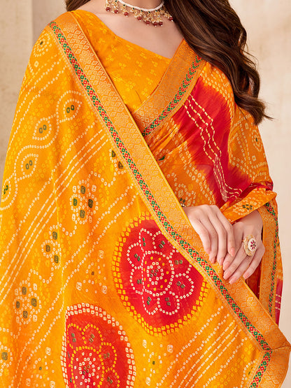 Yellow Bandhani Chiffon Embellished Saree