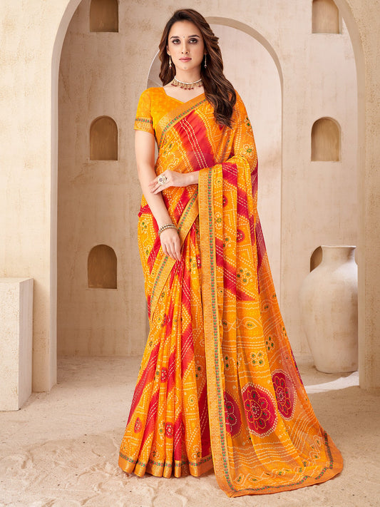 Yellow Yellow Bandhani Chiffon Embellished Saree