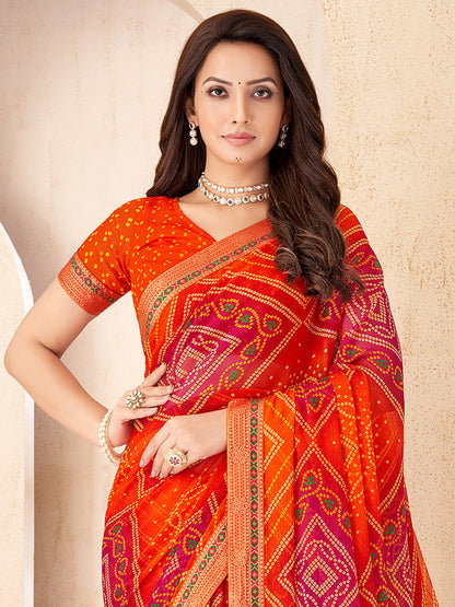 Orange Bandhani Chiffon Embellished Saree