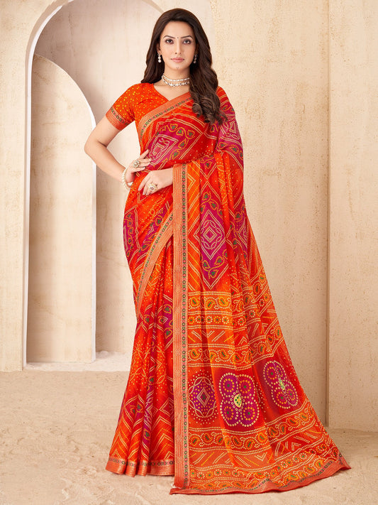 Orange Orange Bandhani Chiffon Embellished Saree