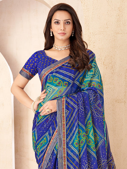 Blue Bandhani Chiffon Embellished Saree