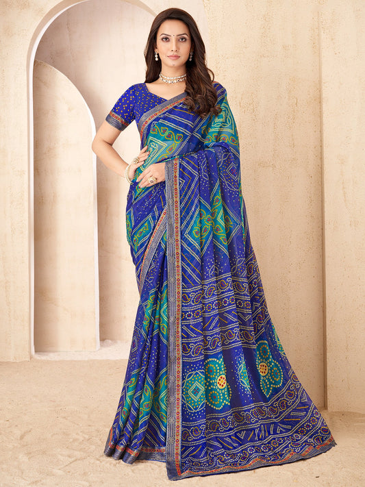 Blue Blue Bandhani Chiffon Embellished Saree