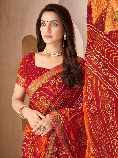 Red Bandhani Chiffon Embellished Saree