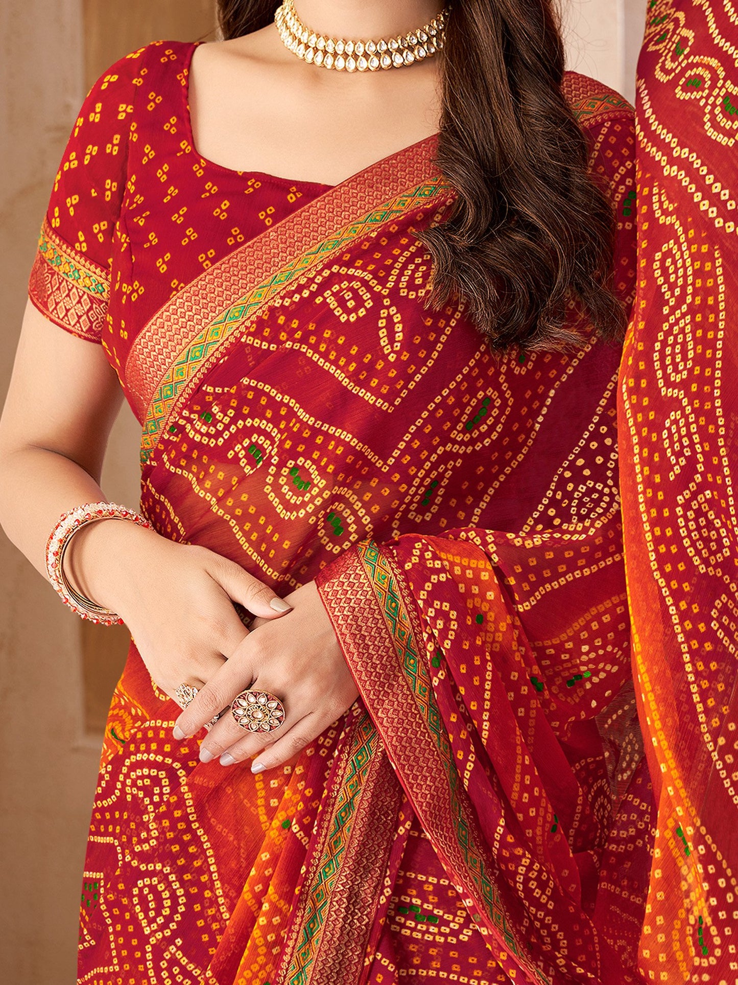 Red Bandhani Chiffon Embellished Saree