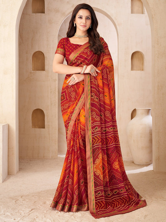 Red Red Bandhani Chiffon Embellished Saree