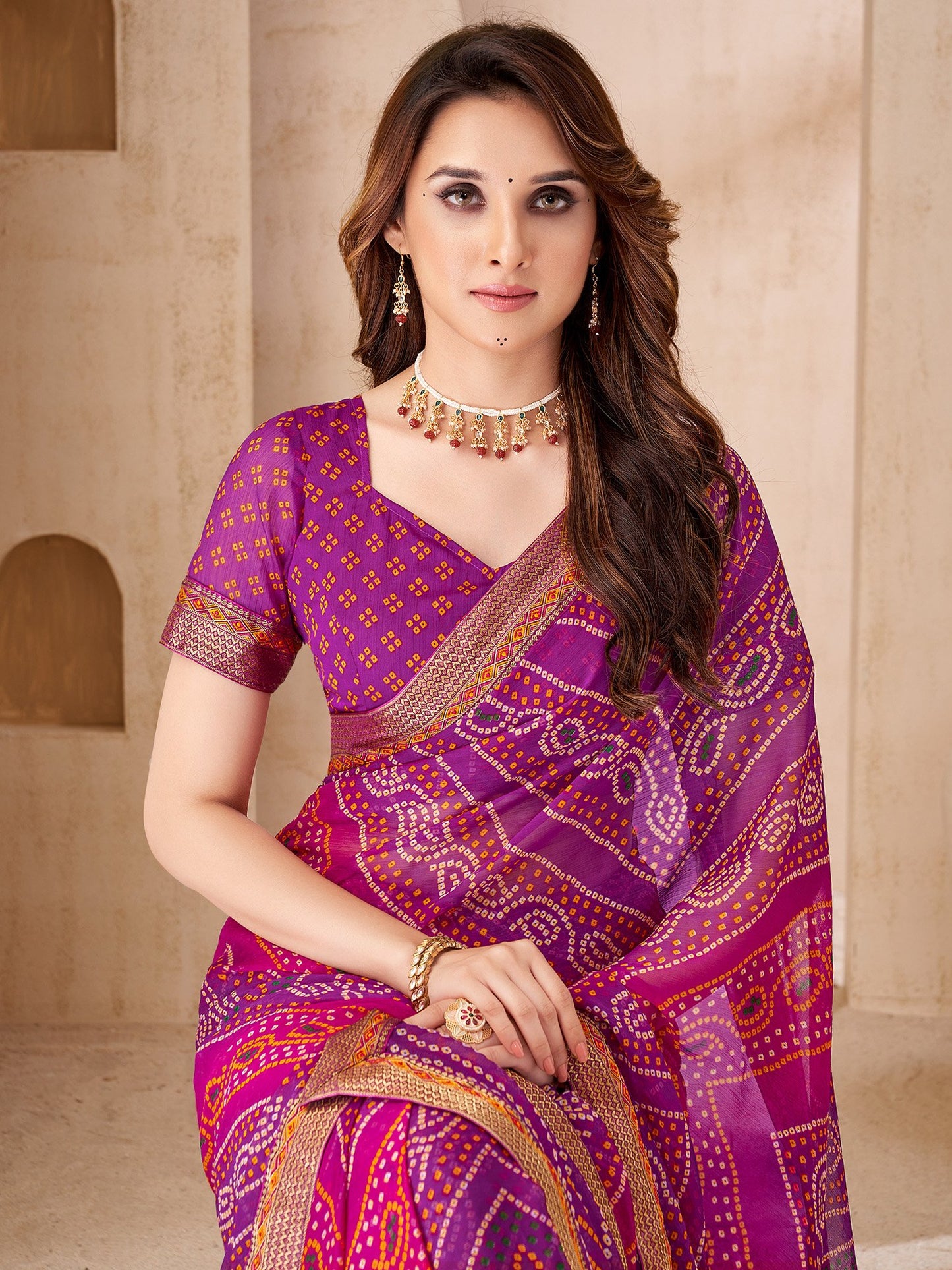 Purple Bandhani Chiffon Embellished Saree