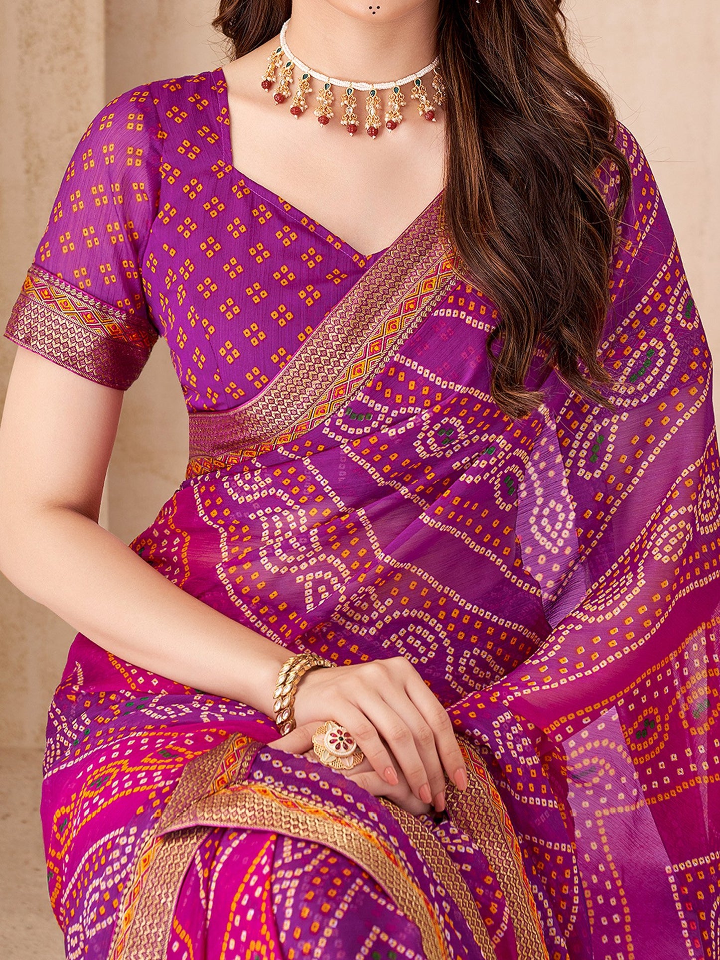 Purple Bandhani Chiffon Embellished Saree