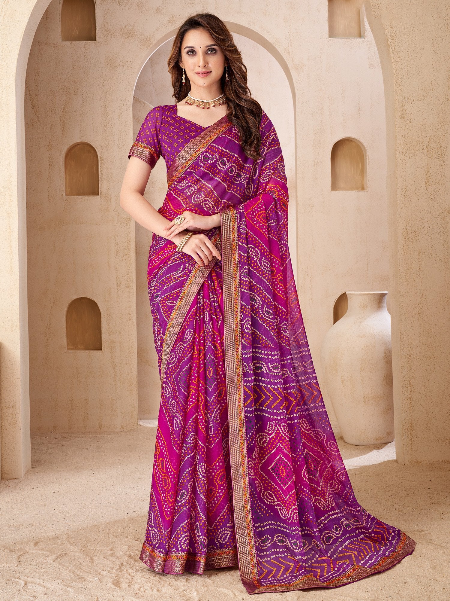 Purple Purple Bandhani Chiffon Embellished Saree