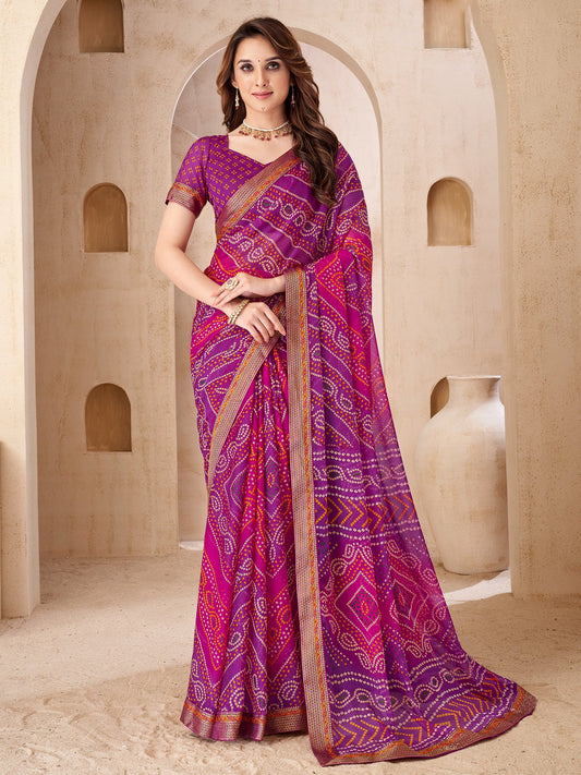 Purple Purple Bandhani Chiffon Embellished Saree