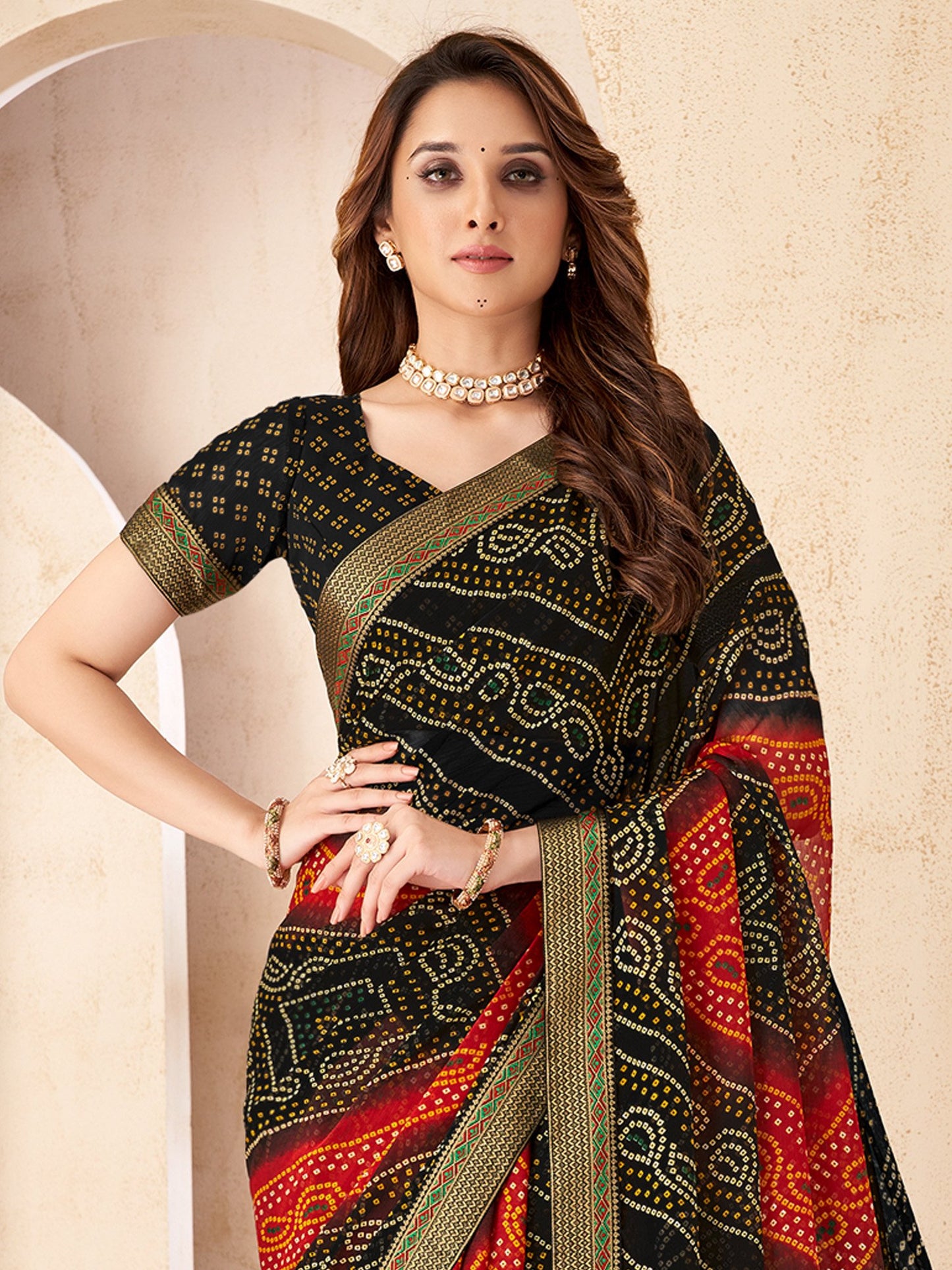 Black Bandhani Chiffon Embellished Saree