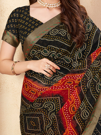 Black Bandhani Chiffon Embellished Saree