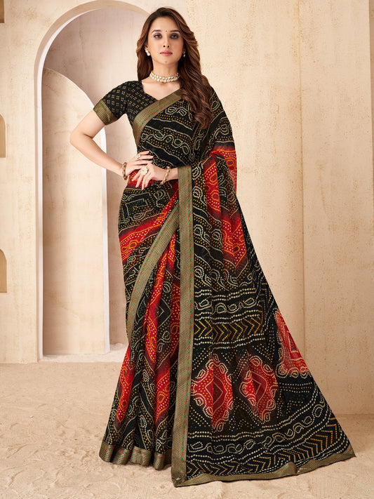 Black Black Bandhani Chiffon Embellished Saree