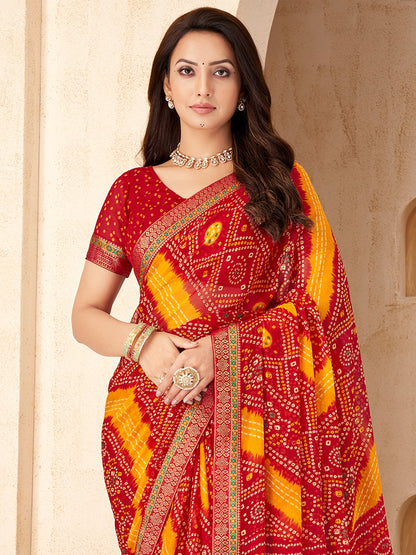 Red Bandhani Chiffon Embellished Saree